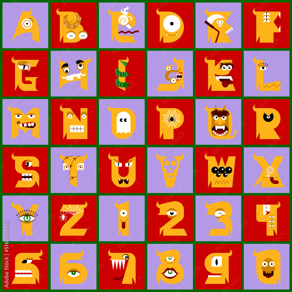 Uppercase typography alphabet with Halloween theme. Hand-drawn typeface vector design. Each letter is decorated with cute little monster face. Highly legible, use as a complete word or as an initial. Uppercase typography alphabet with Halloween theme. Hand-drawn typeface vector design. Each letter is decorated with cute little monster face. Highly legible, use as a complete word or as an initial.