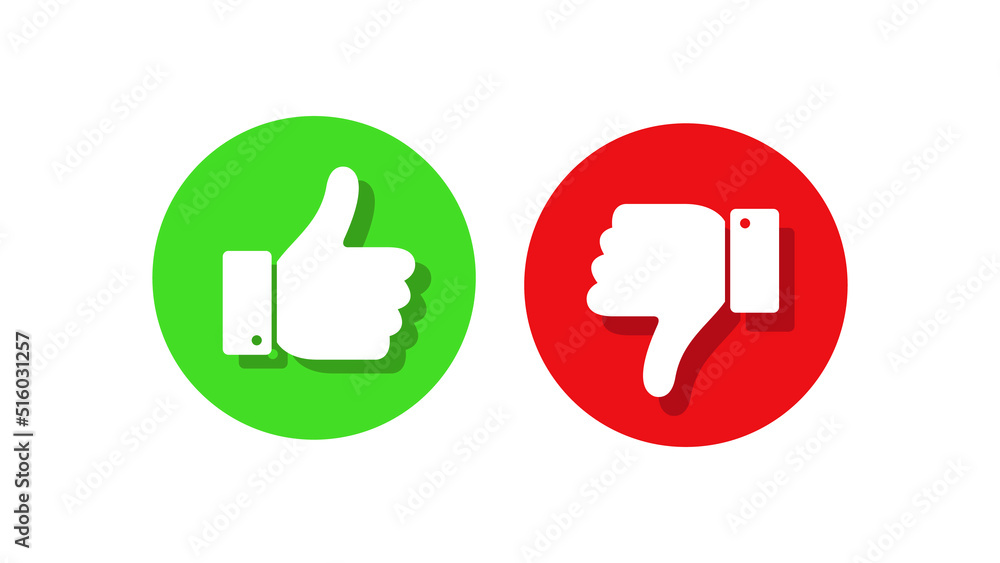 Green thumb up and red thumb down isolated on background. Social network signs. Like and dislike icons set. Vector illustration. Approval and disapproval concept.