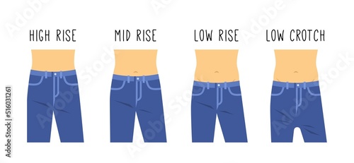 Male jeans different fit. Jean pants for men. High rise, medium cut, low waist, low crotch trousers on male torso. Fashion style guideline for modern guy. Flat vector illustration. Clothes infographic