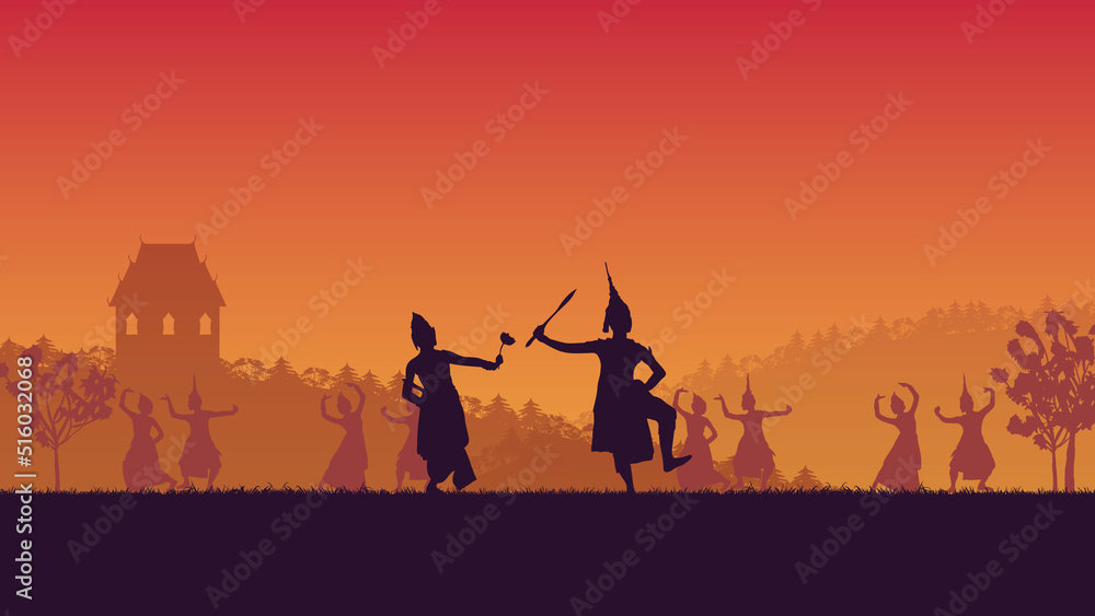 silhouette of traditional Thai Dance on gradient background