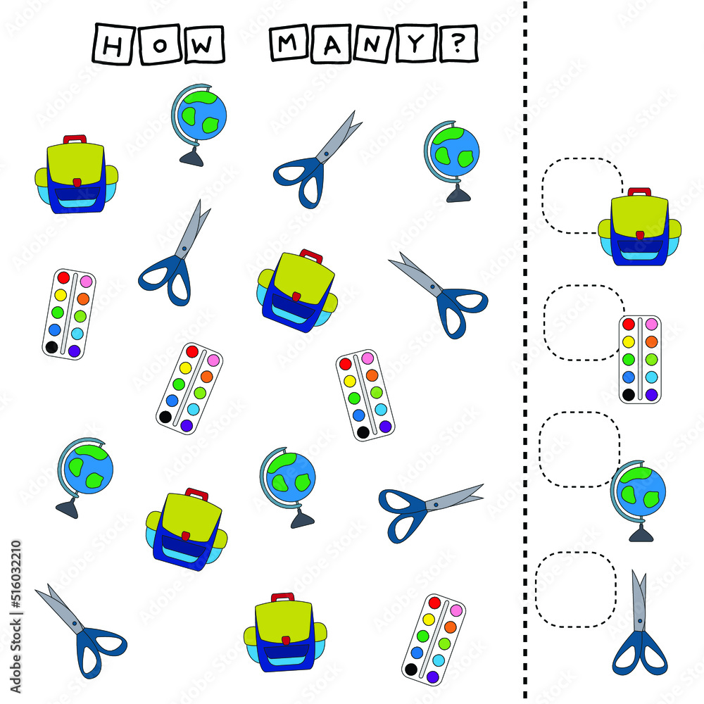 Educational game for children, kids. Game learning math with stationery school Educational game for children, kids. Game learning math with stationery school