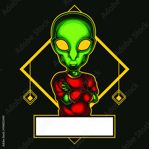 Mascot esport green alien character logo gaming red tshirt. Logo gaming for team squad. logo vector character alien for gaming.