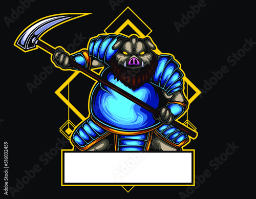 mascot esport pig character logo gaming blue armour costume with weapon. Logo gaming for team squad.logo vector character pig for gaming.