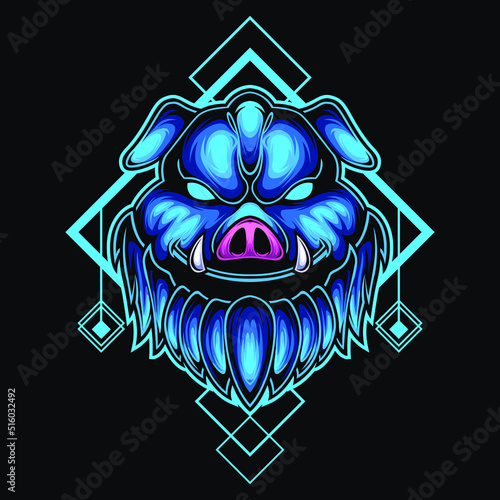 mascot esport pig face character logo gaming blue armour costume with head ornament. Logo gaming for team squad.logo vector character pig face for gaming.