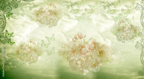 Картината върху платно romantic abstract floral background with flowers, butterflies, cloudy sky and fr