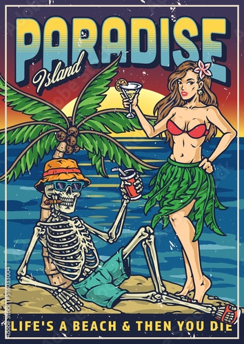 Paradise beach colorful poster vintage