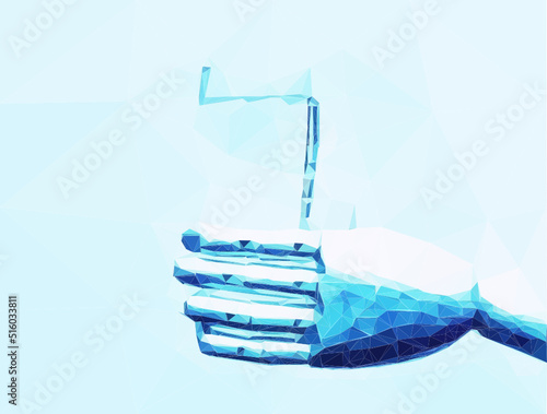 Roboter Hand hält ein Glas Wasser. Er unterstützt die Pflege von Menschen. Vektor in Low Poly Art. 