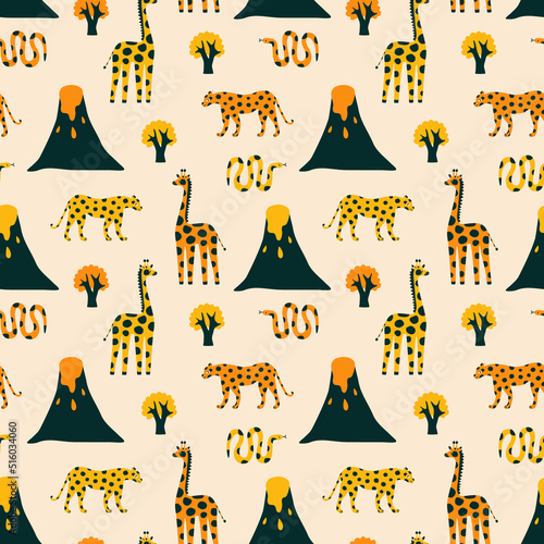 African safari landscape with leopard, giraffe, snake and volcano hand drawn vector illustration. Cute exotic animals seamless pattern for kids fabric or wallpaper.
