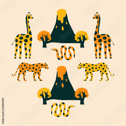 Set of isolated African leopard, giraffe, snake and volcano with colorful trees hand drawn vector illustration. Safari animals collection in flat style for kids logo or icon.