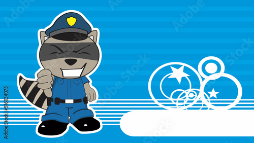standing raccoon cartoon cop costume expression background in vector format