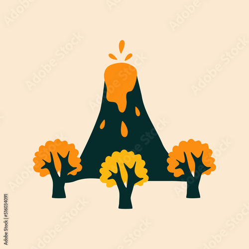 Colorful isolated African trees and an erupting volcano in flat style hand drawn vector illustration. Wildlife landscape elements for logo or icon.