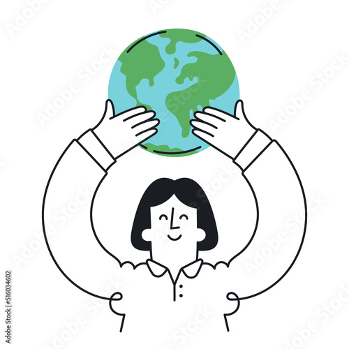 Happy woman holding in hands earth planet. Ecology, environment protection, save planet. Outline, linear, thin line, doodle art. Simple style with editable stroke.