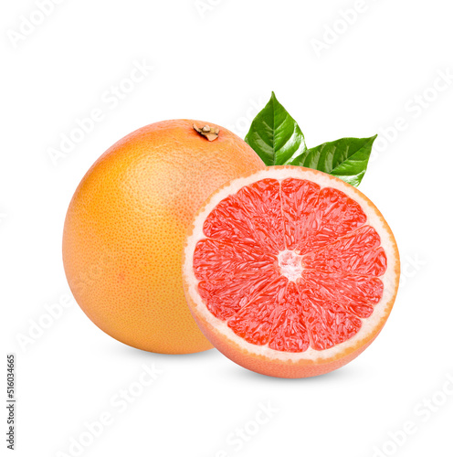 Ripe grapefruit with leaves isolated on white background