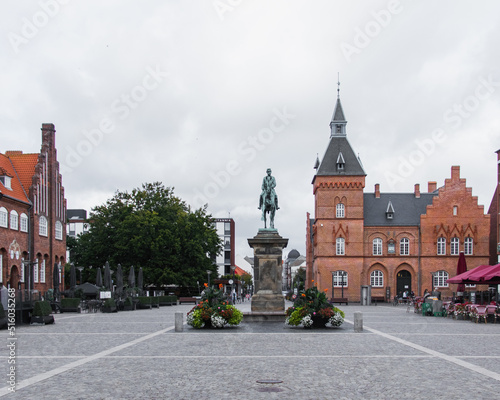 Fototapeta Equestrian statue of Christian IX in Main plaza of Esbjerg, a coastal city in Jutland, Denmark