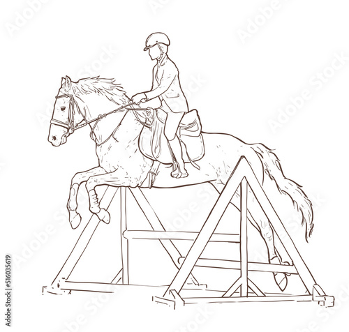 Young woman horseback riding training hand drawn illustration. Horse jumping children sports vector outline drawing