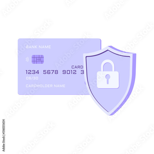 Flat vector illustration secure credit card transaction. Safe payments, payment protection concepts. Credit card and shield with lock suitable for web landing page, banner, app, flyer or business 
