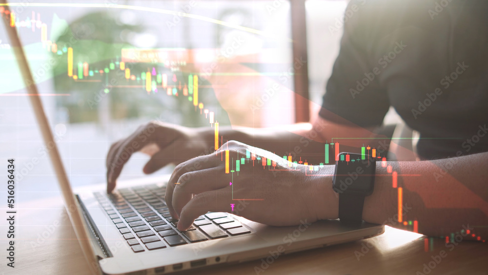 Hand typing input to laptop Overlay investment graphs Hand typing input to laptop Overlay investment graphs