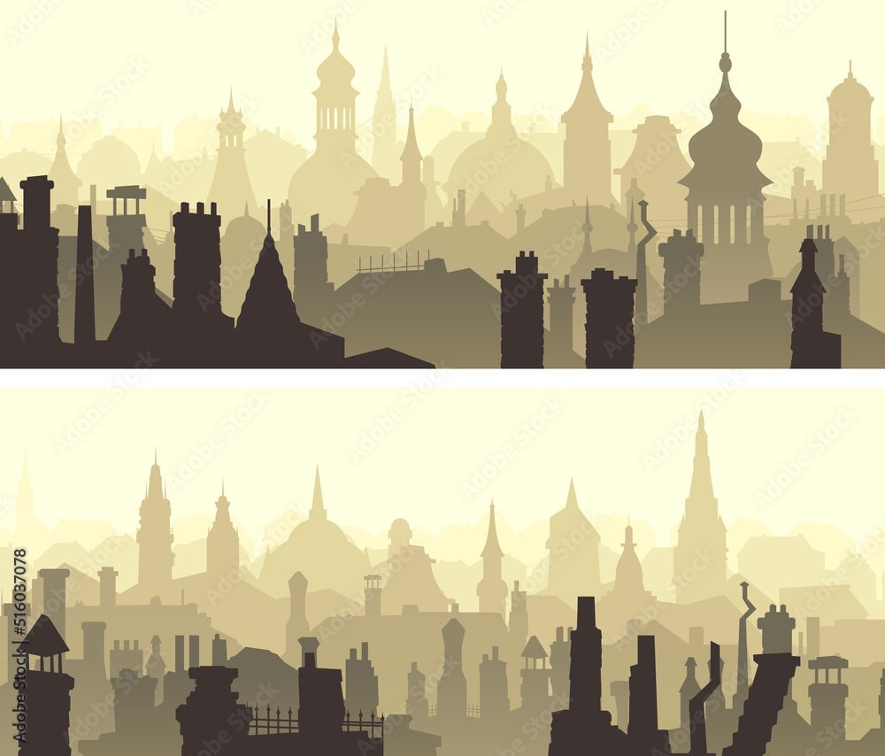 Set of horizontal wide banners of with old part of the historical city with steeples and spires.