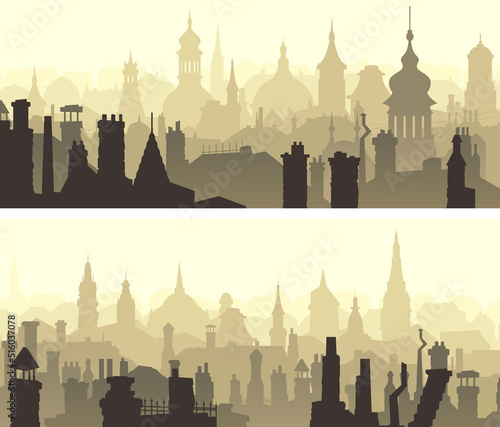 Set of horizontal wide banners of with old part of the historical city with steeples and spires.