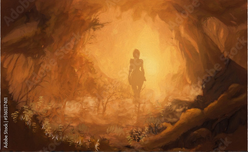 fantasy digital art , woman walking towards the light in a beautiful enchanted forest made with the help of ai.