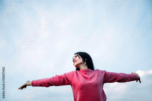 woman dancing. Woman life. Sky background. Happy day. Female. People. 