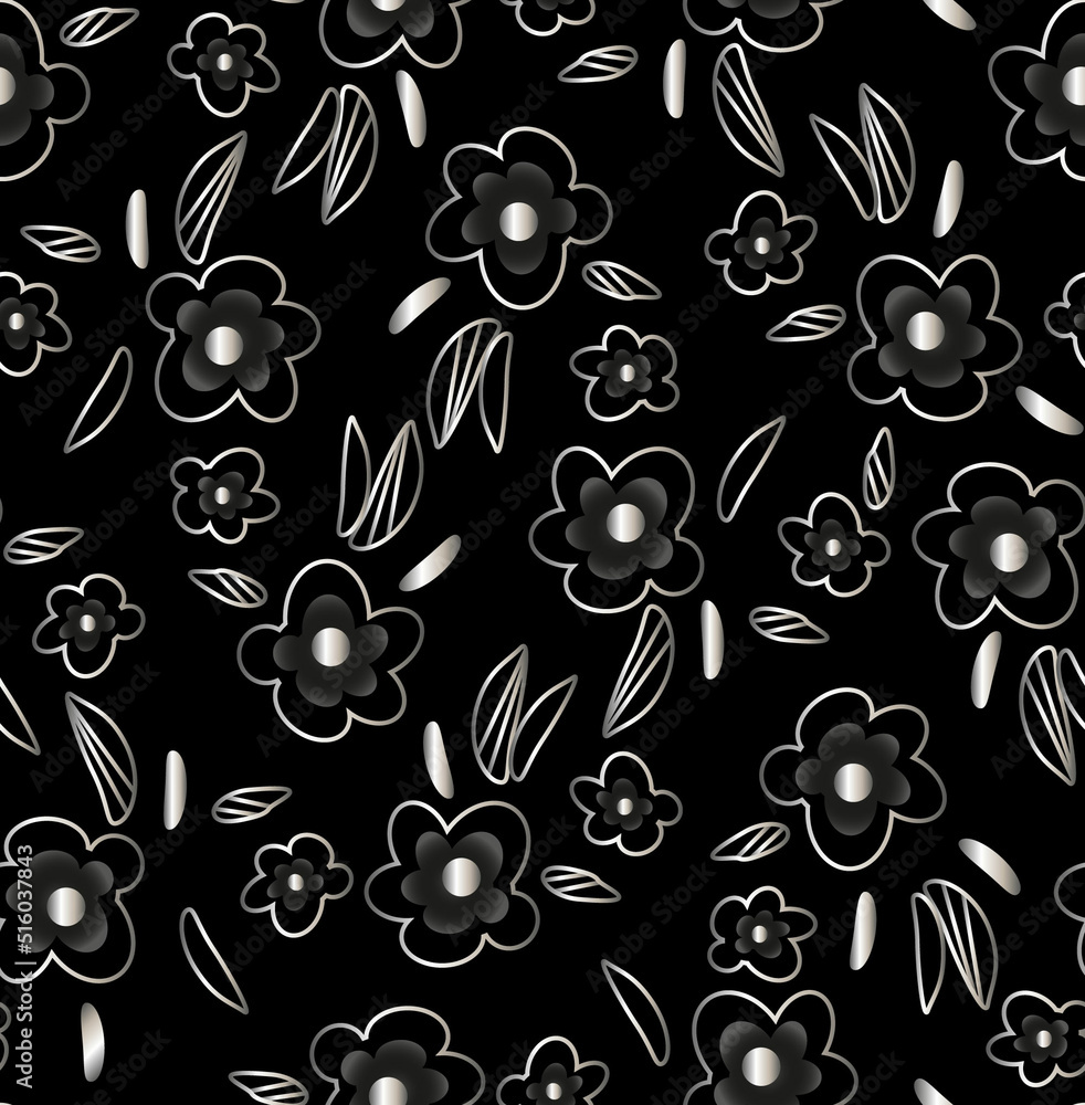 Silver small flowers. Silver on black background. Gradient. Seamless Silver small flowers. Silver on black background. Gradient. Seamless