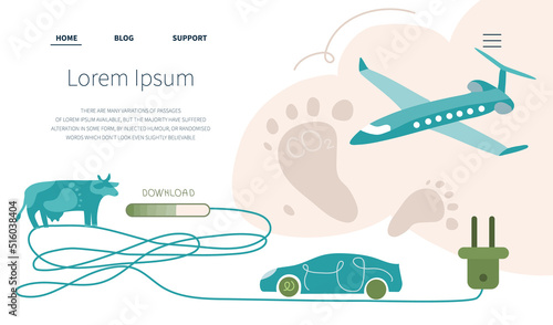 Landing page with carbon footprint concept sourses. Cow, car, airplane and production electricity, start up CO2 and measure centimeter. Sources polluted the world. Global problem with big emissions