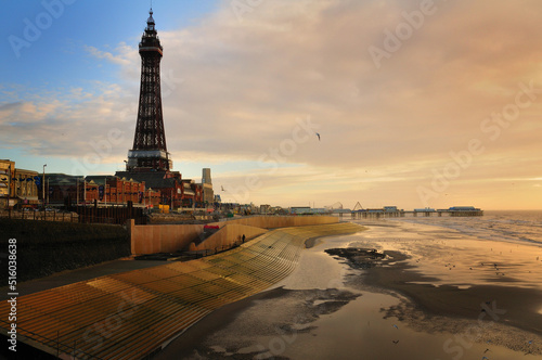 A sunset scene of Blackpool, on England's Lancashire coast