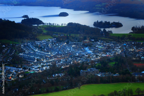 Derwentwater Lake and the town of Keswick, shot from Latrigg in England's scenic Lake District photo