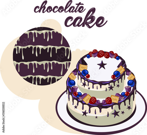 Сhocolate cake with a filling image. Composition, sweet design. Vector