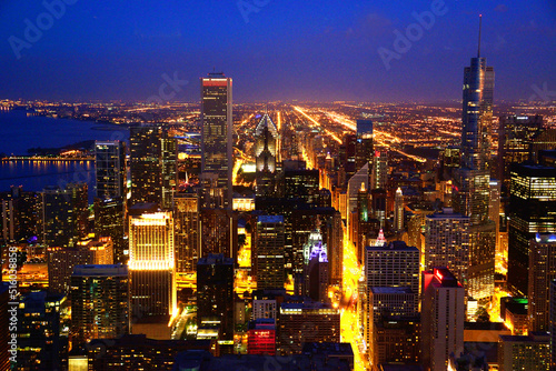 A twilight scene of Chicago, Illinois, shot from inside the Willis Tower