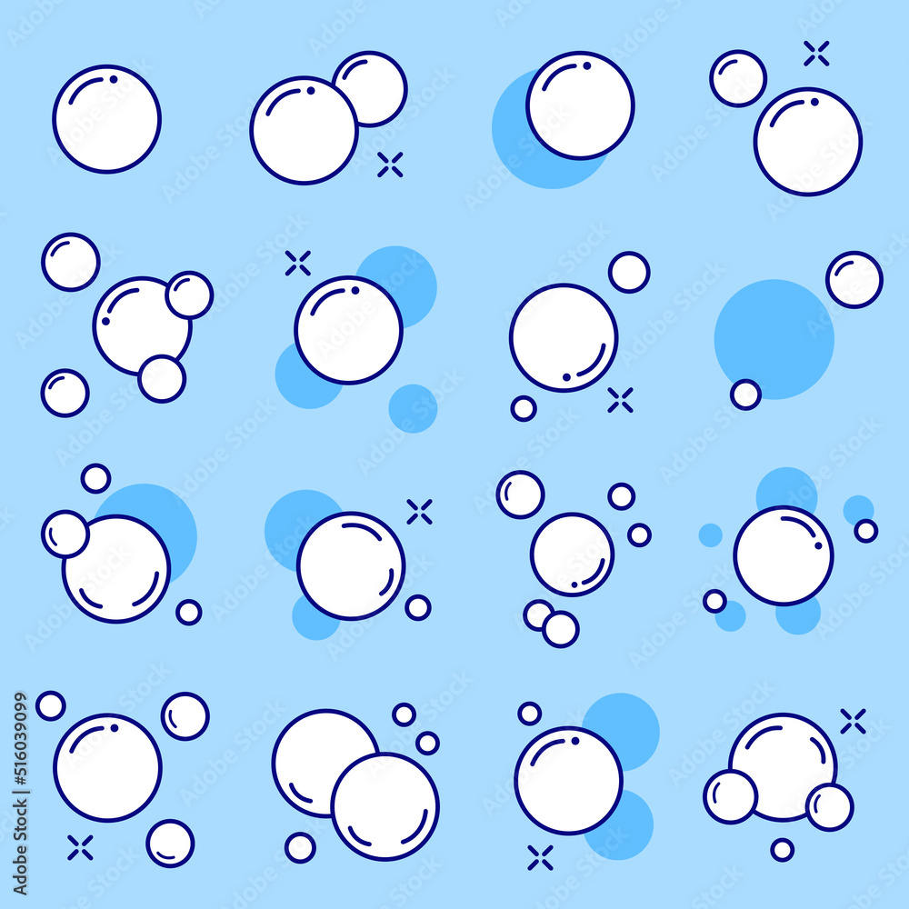 Bubbles vector flat line icons set. Soap foam, soap bubbles, fizzy drink, oxygen bubble pictogram, effervescent effect vector illustrations, soap texture, outline signs. Editable Strokes.