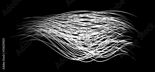 White flow brushstroke on black background.. Fluffy bunch of white politics. Abstract disheveled fibres. Vector illustration swirl blur. Crayons and chalk paint, fibers, hair and bunch