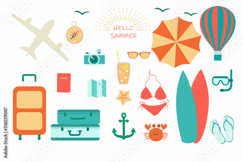 Beach set, accessories for sea holidays. Bright colorful vector illustration isolated on white background