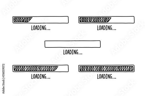 Loading bars drawn hand. Set outline doodle bars with different percent. Cartoon vector loading. 