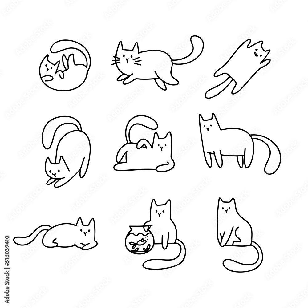 Set outline cartoon doodle hand drawn cats. Cute pet variable line character. 