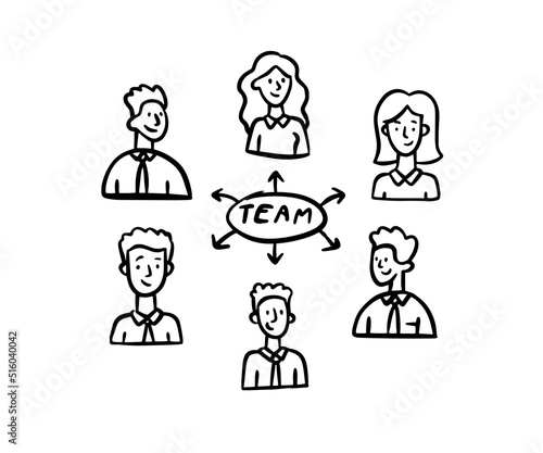 Team office doodle outline. People business portraits sketch drawn.