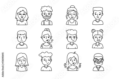 Faces outline doodle people set. Human Avatars Collection. Drawing Old and young age.