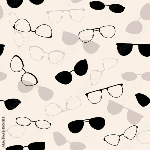 Glasses with black and brown frames of different shapes on a beige background, seamless pattern illustration.
