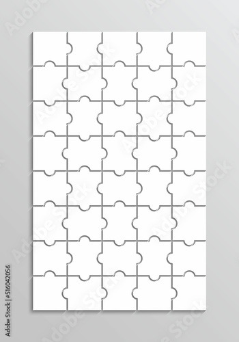Puzzle pieces grid. Jigsaw template. Puzzle layout with 8x5 details. Laser cut frame. Vector illustration. Thinking mosaic game with 40 separate shapes on background. Paper leisure toy.