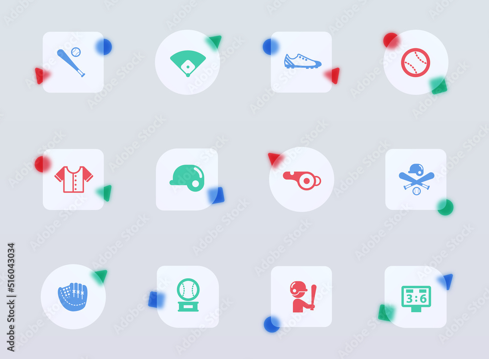 Fototapeta premium baseball glass morphism trendy style icons. baseball transparent glass color vector icon with color figures. for web and ui design, mobile apps and promo business advertising