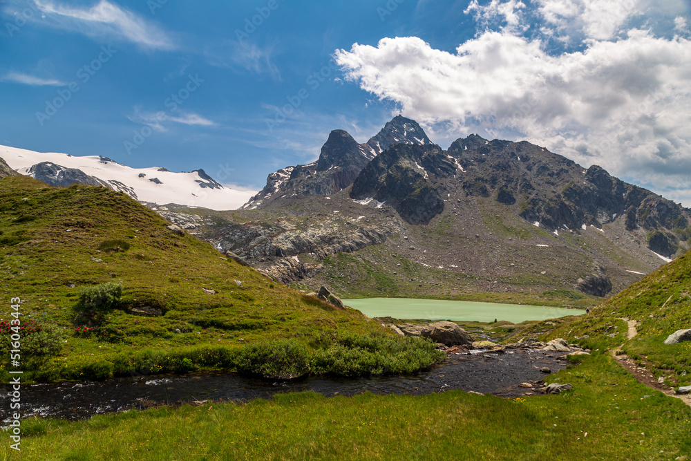 The beautiful mountains and lakes over La Thuile in a summer day