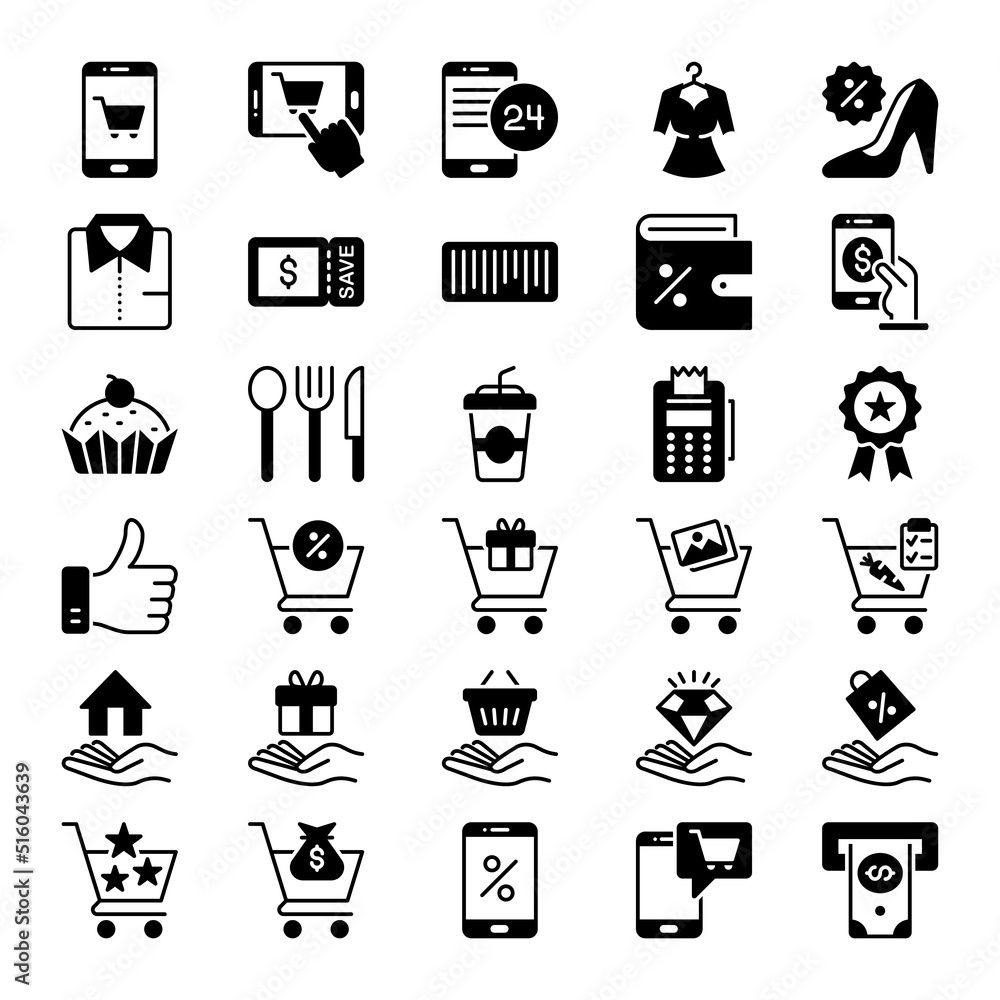 Glyph icons for shopping and e-Commerce. Glyph icons for shopping and e-Commerce.