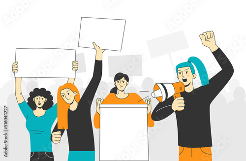 Crowd of angry female protesters with raised fists, placards and megaphone at a demonstration. Color flat vector illustration isolated on white