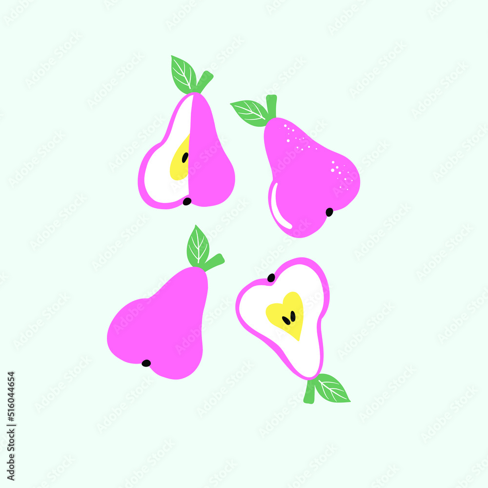 Four cute pink pears on blue background. Fruits composition. Illustrations of fruits for banner, t-shirt, modern birthday card
