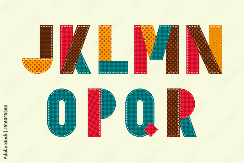 Colorful patchwork english alphabet. Isolated quilt letters in scrapbook style.