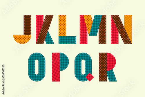 Colorful patchwork english alphabet. Isolated quilt letters in scrapbook style.
