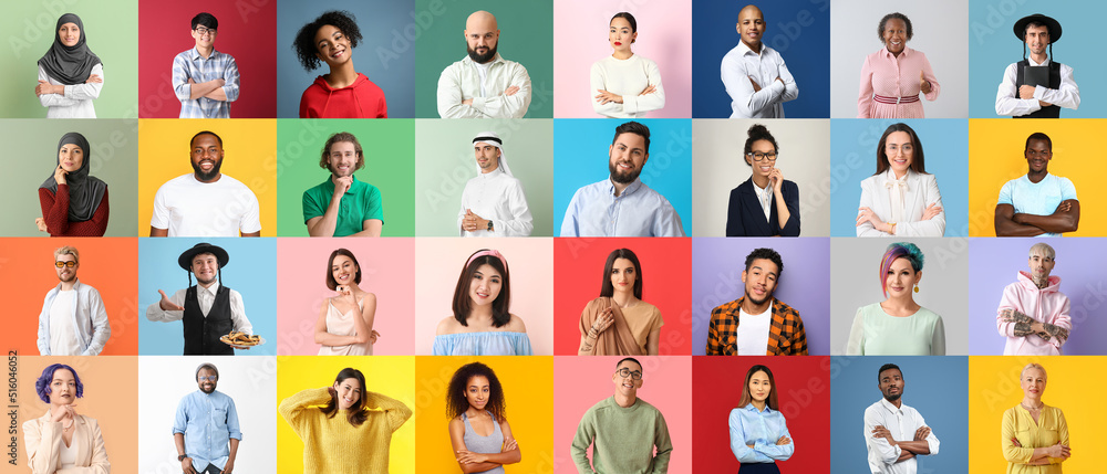 Collage of different people on color background Collage of different people on color background