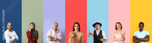 Collage of different people on color background with space for text photo
