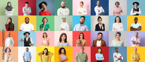 Collage of different people on color background photo